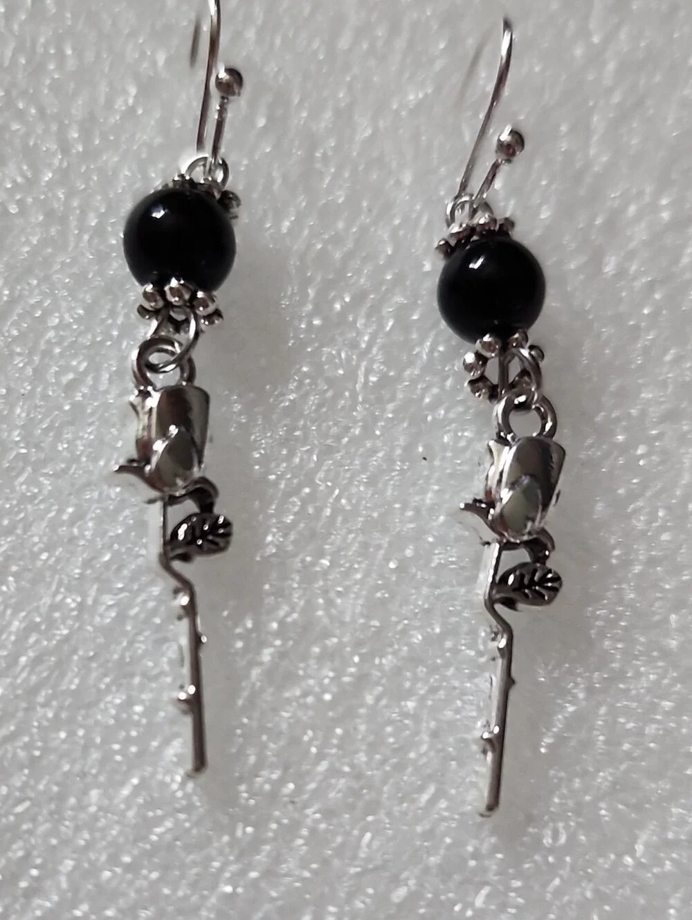 Hand Crafted Black Bead Silver Dangle Earrings
